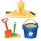 Color images of children`s scoop with bucket and sand castle on white background. Outdoors games. Vector illustration set