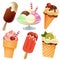 Color images of ice cream on white background. Plombir and fruit ice. Ice cream in a waffle Cup and eskimo. Vector illustration