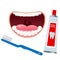 Color images of open mouth with white clean teeth and toothbrush, toothpaste on white background. Health and hygiene. Vector