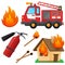 Color images set of fire truck, extinguisher, burning house and flame on a white background. Vector illustration for kids.