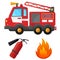 Color images set of fire truck, extinguisher and flame on a white background. Vector illustration of transport for kids