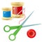 Color images of spools of thread with needle, scissors and red button on a white background. Set for sewing. Vector illustration