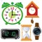Color images of watches on white background. Alarm clock, hourglass, wall clock with cuckoo, electronic timepiece, wristwatch.
