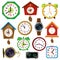 Color images of watches on white background. Alarm clock,  wall clock with cuckoo, electronic timepiece, wristwatch. Vector