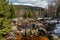 Color Jizerka river near confluence with Jizera creek in spring winter sunny day