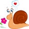 Color kawaii drawing of a little snail looking at a flower,for children`s book or Valentine`s Day card