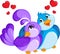 Color kawaii illustration of a bird couple, hugging, with hearts over heads, for children`s book or Valentine`s Day card