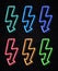 Color lightning bolt neon sign set on black wall.