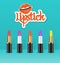Color lipsticks with realistic shadows. Opened lipstick and lips stylish make up logo in fashion style. Lipstick kiss isolated.