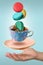 Color macaroons falling in to decorated blue porcelain teacup