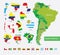 Color map of South America, flags on country silhouettes