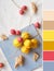 Color matching palette from close-up on yellow quince fruits on blue ceramic tile. Seasonal Fall still life arrangement