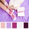 Color matching palette, Cute photo of woman\\\'s feet with christmas slippers, top view point. Cozy, comfy, soft, next white fluffy