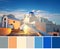 Color matching palette from image of local church with blue cupola in Oia village, Santorini island, Greece in the evening,