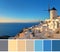 Color matching palette from image of raditional whitewashed windmills and architecture in Oia village, Santorini island, Greece on