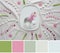 Color matching palette from image of Springtime background. Pink pearl hyacinth flower on ceramic plate. Flat lay with