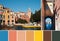 Color matching palette from images of Grand Canal in Venice, Italy. Passenger boat and historic buildings with church