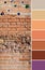 Color matching palette from old orange brick wall textures. Composite image from four flat lay backgrounds.