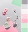 Color matching palette from stylish abstract levitation of pink and mint green donuts and espresso coffee cup with flying coffee