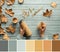 Color matching palette from top view image of Zero waste coffee in Fall. Text A for Autumn. Hands hold thermos flask and bamboo