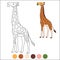 Color me: wild animals. Cute giraffe with long neck stands and eats leaves