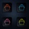 Color neon line Cooking pot icon isolated on black background. Boil or stew food symbol. Set icons in square buttons