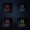 Color neon line Muslim woman in hijab icon isolated on black background. Set icons in square buttons. Vector
