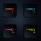 Color neon line Pistol or gun with silencer icon isolated on black background. Set icons in square buttons. Vector
