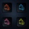 Color neon line Propane gas tank icon isolated on black background. Flammable gas tank icon. Set icons in square buttons