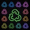 Color neon recycle symbol set isolated on black.