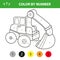 Color by number educational game for kids. Cartoon excavator.