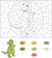 Color by number educational game for kids. Cartoon tyrannosaur.