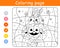 Color by number game for kids. Rabbit in costume pumpkin. Halloween bunny.Printable worksheet. Coloring page.