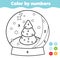 Color by numbers for kids. Educational game for children. Christmas snow globe. Drawing kids printable activity. New Year holidays