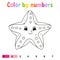 Color by numbers starfish. Coloring book for kids. Sea character. Vector illustration. Cute cartoon style. Hand drawn. Worksheet