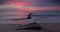 Color ocean beach sunrise. Sunset ovet the sea waves