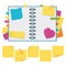 Color open notebook on rings with clean sheets. A set of sticky square stickers and notes. Simple flat vector illustration isolate