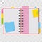 Color open notepad on rings with blank sheets and bookmarks between pages. A simple flat vector illustration isolated on a transpa
