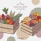 Color organic shop template with fruits, vegetables in wooden crates.