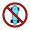 Color outline illustration of a skateboard top view in prohibition sign. Ban on active sport lifestyle. Vector forbidden object