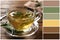 Color palette and cup of aromatic sage tea served with honey on wooden table. Collage