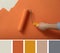 Color palette and man applying orange paint with roller brush on white wall, closeup