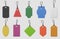 Color paper price tag labels. Realistic colored shopping hanging tags with ropes for pricing marking, message tag mockup