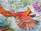 Color pencil painting of a male cardinal in flight