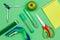Color pencils, compass, stapler, felt-tip pen, paper knife, apple, scissors and notebook
