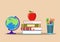 Color pencils in cup, globe, books, apple. education