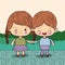 Color picture couple kawaii kids taken hands in grass