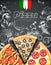 Color pizza poster. Savoury pizza ads with 3d illustration rich toppings dough on engraved style chalk doodle background