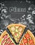 Color pizza poster. Savoury pizza ads with 3d illustration rich toppings dough on engraved style chalk doodle background