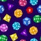 Color Polyhedron Dice with Numbers Seamless Pattern Background. Vector